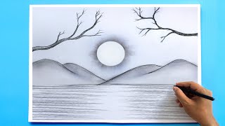 How to Draw a simple Landscape  Easy Pencil Drawing [upl. by Concepcion903]