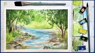 Easy Beginner Landscape in Watercolor Summer Stream [upl. by Serene]