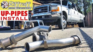 2001 F350 73  RiffRaff UpPipes Install  Stock up pipes leaking and falling apart JUNK SP [upl. by Burwell925]